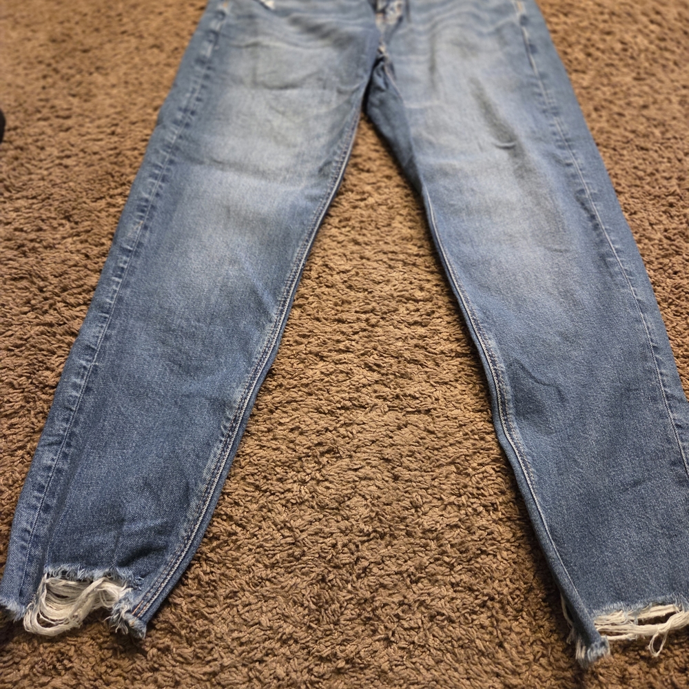 American Eagle Outfitters Blue Straight Leg Jeans with Distressed Details